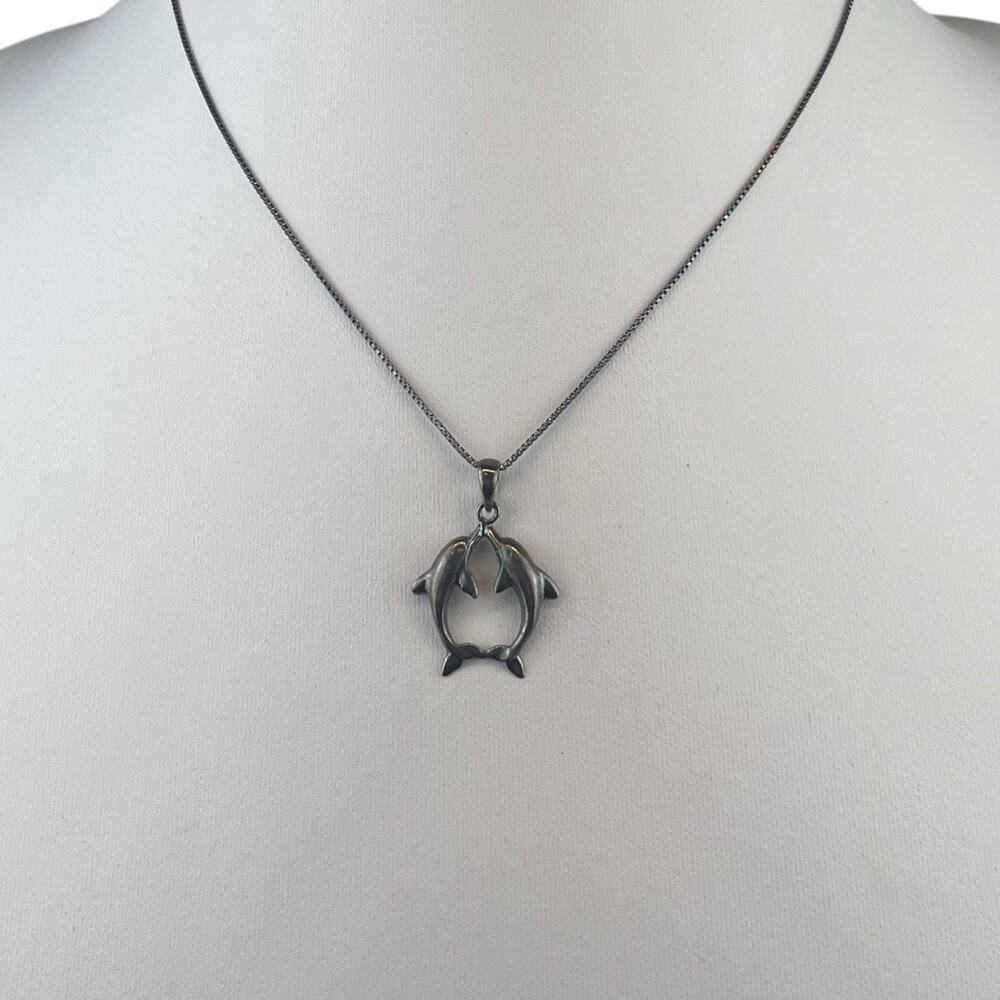 Double Dolphin Pendant Sterling Silver Necklace 16" Box Chain